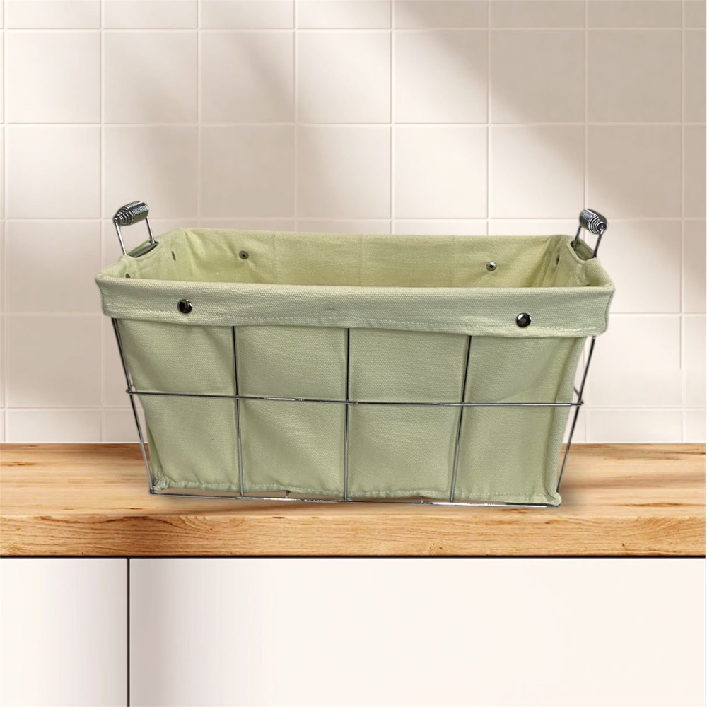 Green Cloth and Silver Wire Storage Basket